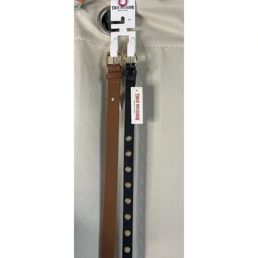 True Religion Womens M/L Belt Set Black Brown Grommet Skinny 2 Pack Preppy NEW